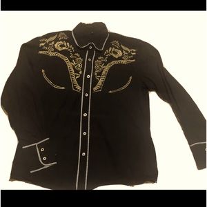 Mens Western Cowboy Shirt Long Sleeve Embroidered Slim Button Down Faded Black